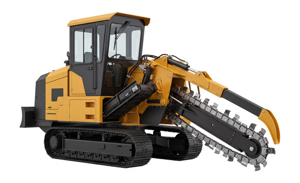 Industrial trencher machine, heavy construction equipment with enclosed operator cabin and digging chain isolated on transparent background