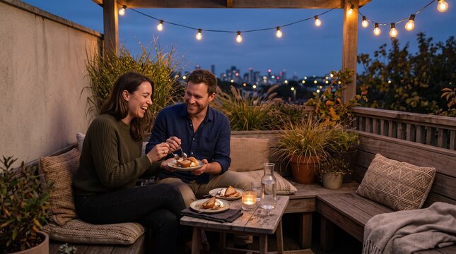 Friends linger over pear dessert after supper