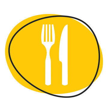 Besteck oder Restaurant - Button in gelb orange mit Rahmen