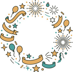 Fototapeta premium Celebration wreath with balloons, ribbons, stars and fireworks