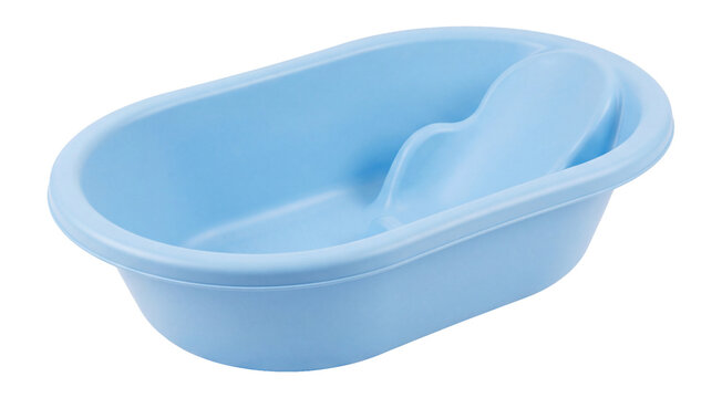 Baby bathtub in light blue plastic, ergonomic oval shape for infant bathing isolated on transparent background
