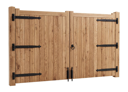 Double swing wooden gate made of natural oak planks, rustic garden entrance door isolated on transparent background