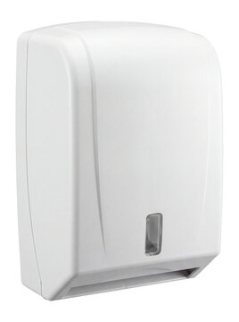 Wall mounted paper towel dispenser in white plastic, standard commercial bathroom unit isolated on transparent background