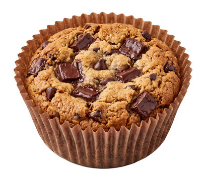 Chocolate chip cookie in a paper cupcake liner, single baked dessert portion isolated on transparent background