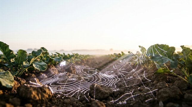 Smart agriculture concept showing lush green crop field at sunrise illuminated by futuristic digital topographical contour lines and data grid for precision farming management and sustainable agronomy