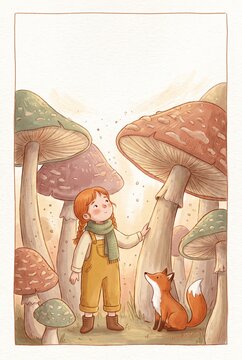 Small girl standing among giant mushrooms with her fox companion