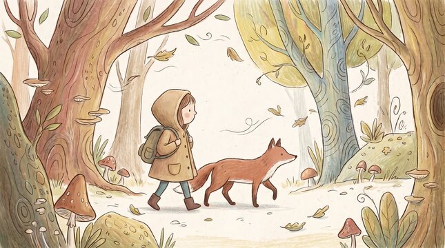 Hooded girl walking with a fox through a mushroom-filled forest