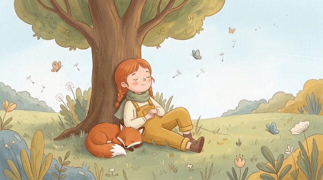 Sleeping girl resting against a tree trunk beside her fox