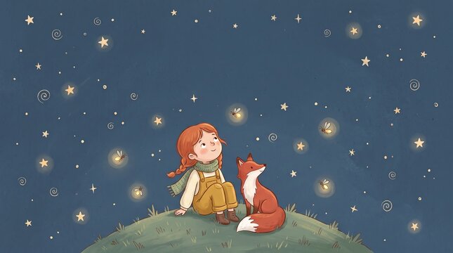 Girl and fox stargazing together on a hillside with fireflies