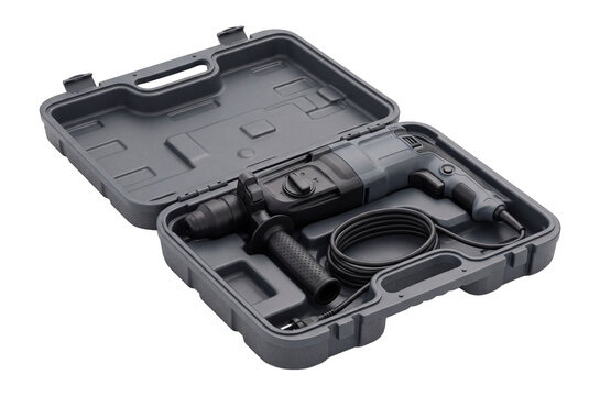 Rotary hammer drill inside an open plastic carrying case, professional power tool isolated on transparent background