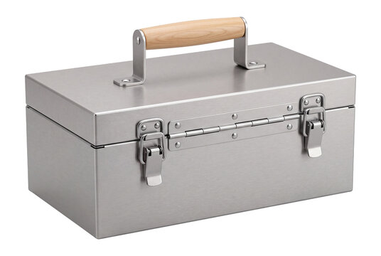 Portable tool box with a light wooden handle, metal storage container for workshop equipment isolated on transparent background