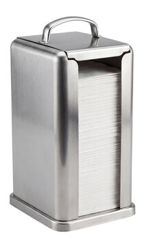 Tabletop napkin dispenser in standard metal design, restaurant and cafe accessory isolated on transparent background