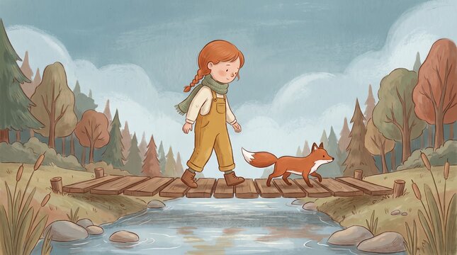 Girl and fox crossing a wooden footbridge over a forest stream