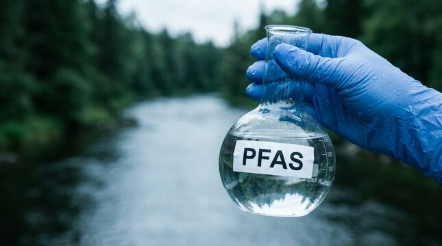 Close up of environmental researcher hand in blue nitrile glove holding glass flask with PFAS label containing water sample collected from a flowing river for chemical contamination analysis