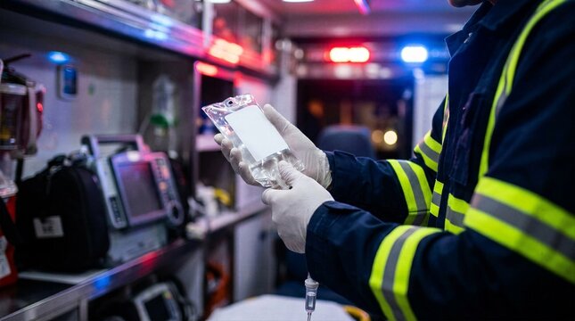 First responder paramedic wearing reflective uniform and white sterile gloves preparing a clear intravenous IV fluid bag inside the back of an illuminated ambulance during an emergency
