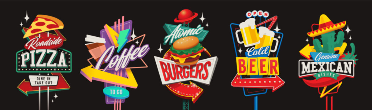 1950s Retro Neon Signs Set, Vintage American Diner and Roadside Cafe Signage