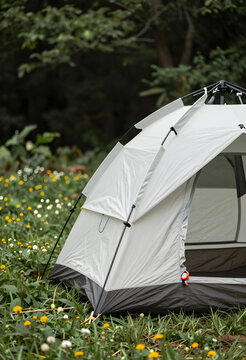 Outdoor adventure and nature exploration, camping tent set up in a field of wildflowers with green trees in the background