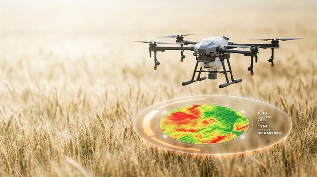 Advanced agricultural drone hovering over golden wheat field projecting circular holographic NDVI crop health map for precision farming and sustainable crop management
