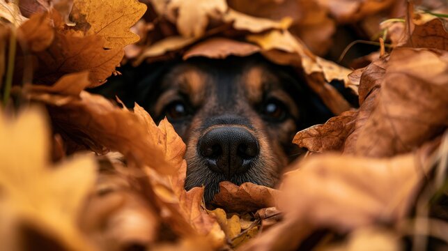 Curious dog peeking through autumn leaves with wet nose and warm fall tones