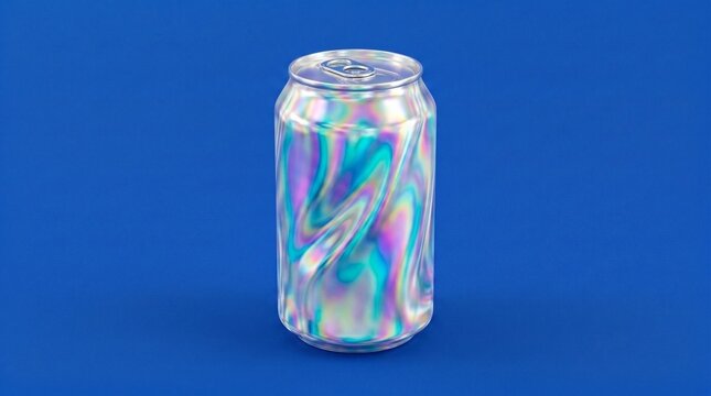 Shiny beverage can on a blue background, studio settings mockup theme 