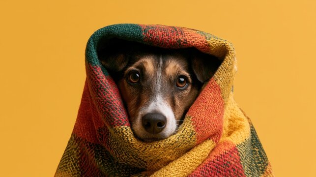 Adorable dog wrapped in a colorful blanket portrait showing warm cozy expression and big eyes
