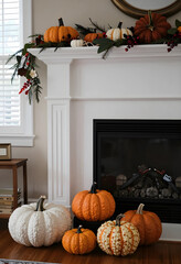 Fototapeta premium Autumn home decor and fall season celebration, pumpkins and garland on a fireplace mantel for thanksgiving holiday
