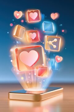 Glowing heart and share icons floating above smartphone on wooden surface with blue background