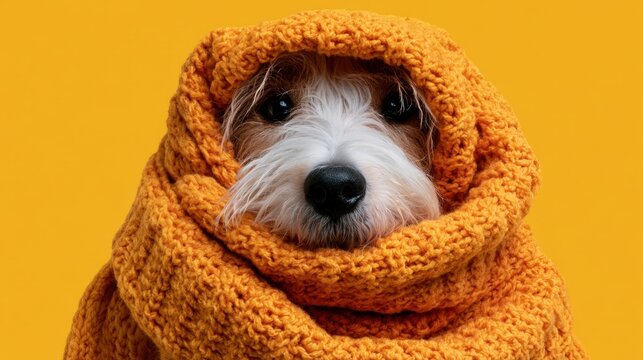 Cozy small dog wrapped in orange knit blanket looking at camera in warm studio setting