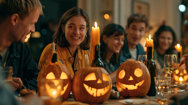 Friends Enjoying Halloween Dinner Party with Jack O Lanterns and Wine
