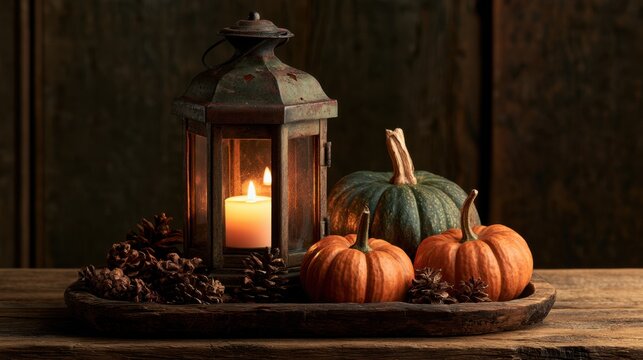Rustic autumn lantern with lit candle and pumpkins on a wooden tray for fall decor