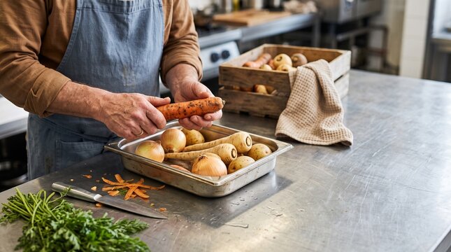 Close inspection of imperfect carrots at a kitchen prep station