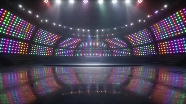 Empty Concert Arena Stage with Colorful LED Grid Wall and Reflective Floor