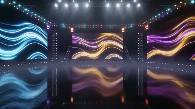 Empty Concert Stage with Neon Wavy LED Screens and Reflective Floor