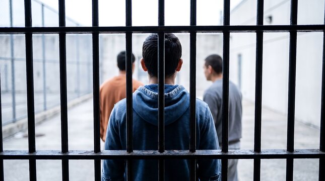 Male prisoners behind metal bars in correctional facility