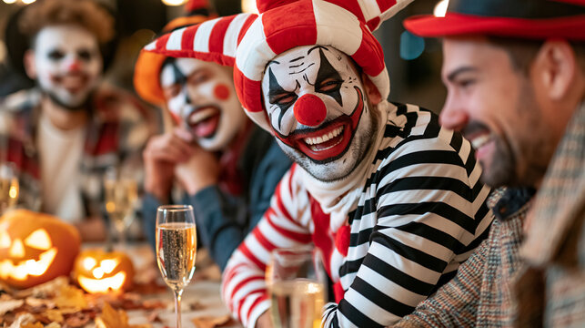 Men in Scary Clown Costumes Laughing at Halloween Party Table with Champagne