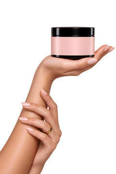 Elegant Female Hands Presenting Blank Cosmetic Cream Jar Isolated on Transparent Background