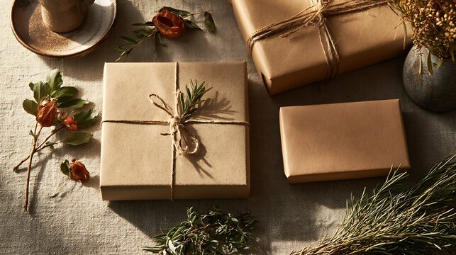 Eco friendly kraft paper gift boxes tied with jute twine and adorned with dried roses and green sprigs