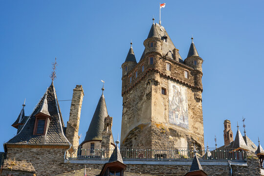 Germany, 29 June 2019: Castle Reichsburg sits above the medieval town of Cochem on the Mosel River, Germany.
