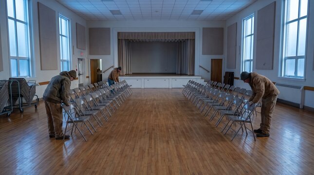 Volunteers arrange chairs in a community hall at dawn