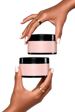Luxury Female Hands Holding Blank Cosmetic Body Butter Jars Isolated on Transparent Background