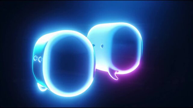 Innovation blue neon chat bubble icons rotating on dark background