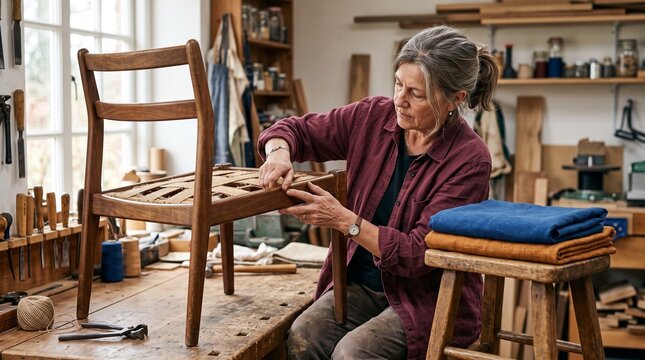 Upholsterer examines a vintage chair frame in daylight