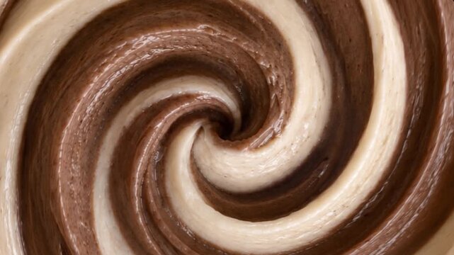 Abstract swirling spiral pattern of soft chocolate vanilla soft serve or frosting background Top view macro swirl texture of creamy chocolate and vanilla ice cream with video play button