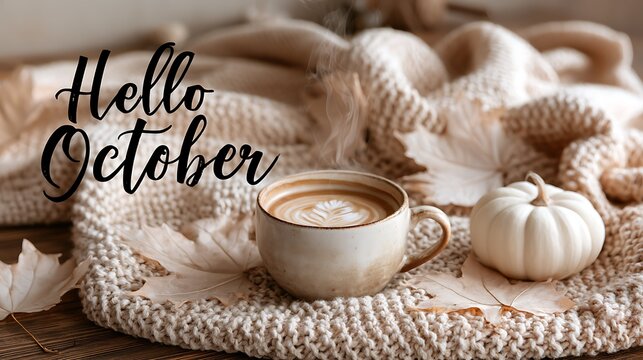 Trendy autumn horizontal banner with text Hello October, cozy coffee mug, white pumpkin and knitted blanket in warm morning light