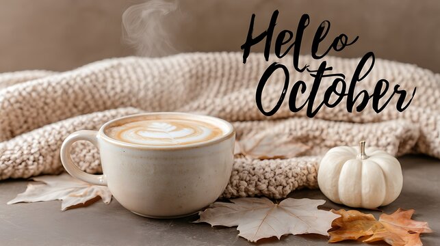 Trendy autumn horizontal banner with text Hello October, cozy coffee mug, white pumpkin and knitted blanket in warm morning light