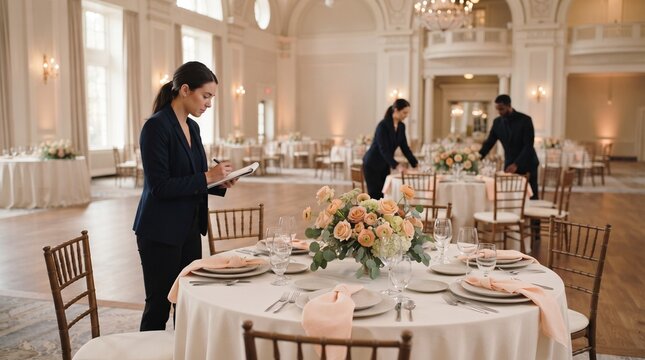 Event crew prepares a pastel ballroom reception