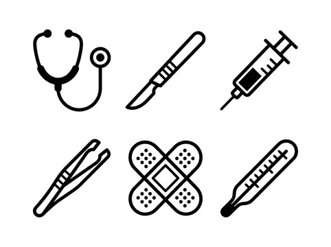 Medical icons set including stethoscope scalpel syringe forceps bandage and thermometer  flat vector illustration