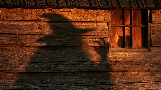 Witch Silhouette Shadow Cast on Old Wooden Cabin Wall at Sunset