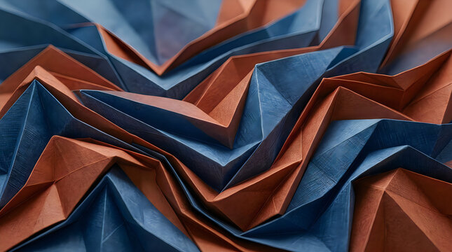 Abstract origami paper background with blue and brown geometric folded paper patterns.