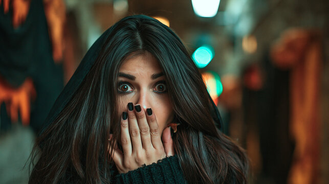 Shocked Young Woman in Hood Covering Mouth in Fear During Halloween